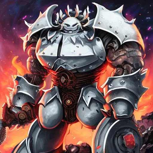 Prompt: white armor Mechanical Juggernaut with spikehammer 