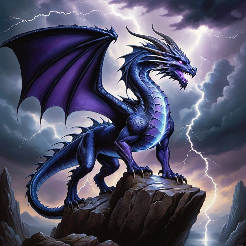 a dragon with a purple tail and blue wings on a rock...