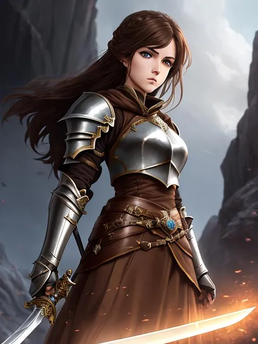 Prompt: A female knight with brown hair holding a sword, epic, dark fantasy, pose, 8k, HD, vibrant, high detail, cinematic, gritty, ethereal, full body, elspeth tirel, anime style, perfect face, anime aesthetic, anime, cave 