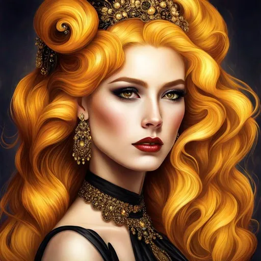 Prompt: Queen bee-A beautiful woman with thick, full honey golden hair, Amber colored eyes, gown in colors of yellow and black, facial closeup