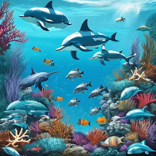 Prompt: An ocean floor with dolphins, sharks and coral reef, digital art
