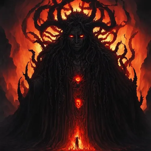 Prompt: Dark ancient god waking from long slumber in a post Apokalyptical burning world one step away from the entrance to the Purgatory, surrounded by Suffering tormented souls and sinister creatures,sinner,underworld,undead,evil,hell,devil,darkness,Takeshi Oda,