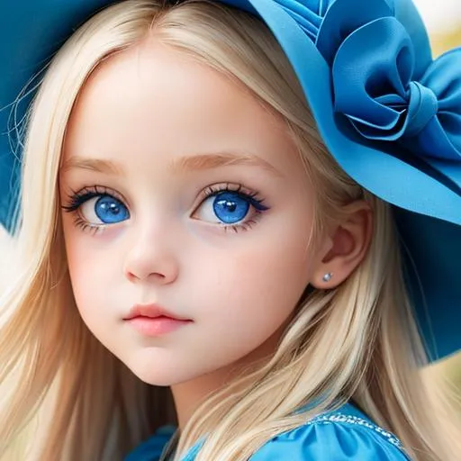 Prompt: baby  girl with very light blonde hair and big blue eyes wearing a blue dress, closeup