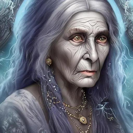 Prompt: create an image of a magical seer who interprets dreams and nightmares. She is a wise human being, but a bit older woman. She has long silver silky hair and wears a lot of jewelry