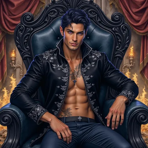 Prompt: @E9F5IeylWCK78nhhDgNv A watercolor-style illustration of a male warrior seated in an obsidian throne room, exuding charm with a captivating smile directed at the viewer. The throne is intricately carved, reflecting dark hues of black and deep blue, adorned with subtle glimmers of silver. The room is dimly lit by flickering torches casting shadows that dance across the walls, enhancing the atmosphere of mystery. Rich tapestries hang in the background, their colors muted yet elegant, adding depth to the scene. The warrior's posture is relaxed, with one arm draped casually over the throne's armrest, inviting interaction. The overall ambiance is both regal and enigmatic, drawing the viewer into this captivating moment.