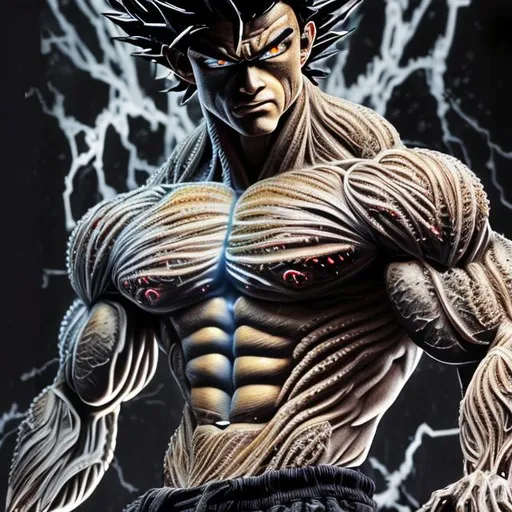 Prompt: 64K masterpiece intricate hyperdetailed breathtaking 3D glowing black oil painting medium portrait of son goku, black trousers, intricate hyperdetailed muscular body, intricate hyperdetailed muscles, glowing white light reflection on the muscles, hyperdetailed intricate hard standing glowing hair, hyperdetailed glowing angry white eyes, detailed face, white glowing muscles, tan glowing body, tan glowing skin, semi-polaroid monochrome photography, hyperdetailed complex, character concept, hyperdetailed intricate glowing shining glamorous colored water drop floating in the air, very angry, intricate glowing light reflection, intricate hyperdetailed glowing iridescent reflection, strong glowing white light on the hair, contrast white head light, hyperdetailed very strong colored shadowing very strong colored muscle shadow, professional award-winning photography, maximalist photo illustration 64k, resolution High Res intricately detailed, impressionist painting, yellow color splash, illustration, key visual, panoramic, cinematic, masterfully crafted, 8k resolution, stunning, ultra detailed, expressive, hypermaximalist, UHD, HDR, UHD render, 3D render, 64K, hyperdetailed intricate watercolor mix oil painting on the body, Toriyama Akira colored cyberpunk 2077 city skline backround