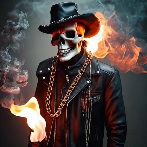 Prompt: Smoking skull with hat and steel chains, leather jacket, bike fire