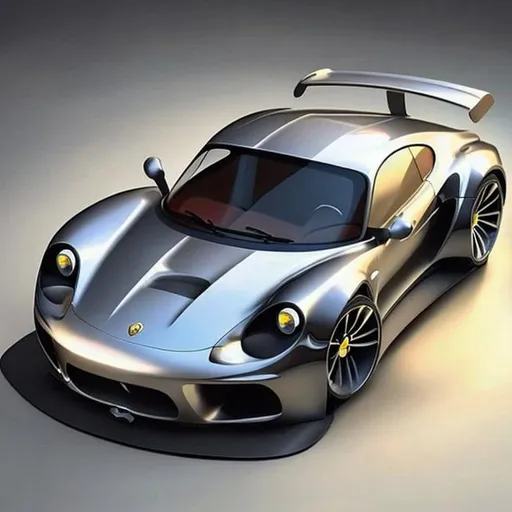 Prompt: Sports car that could exist in the early 2000s. The shape should be curvy and kept simplistic. It should combine Porsche elegance with the fun look of Lotus. It should also have the protruded round headlights from classic Porsches.