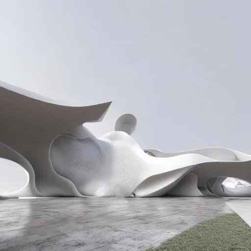 Prompt: white themed exterior by Zaha Hadid,  facade minimalistic, parametric architecture, neat curves, waves, 8k, octane render, finely detailed, Zaha Hadid atmosphere, ultra quality, white floor granite, light penetrates the material