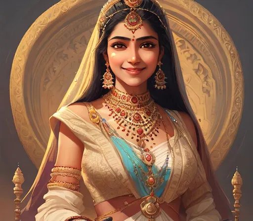 Prompt:  A full portrait of  20 year old indian queen,smiling, blushing,beautiful
 medivial  castle , intricate, elegant, highly detailed, digital painting, artstation, concept art, smooth, sharp focus, illustration, art by krenz cushart and artgerm demura and raja ravi verma