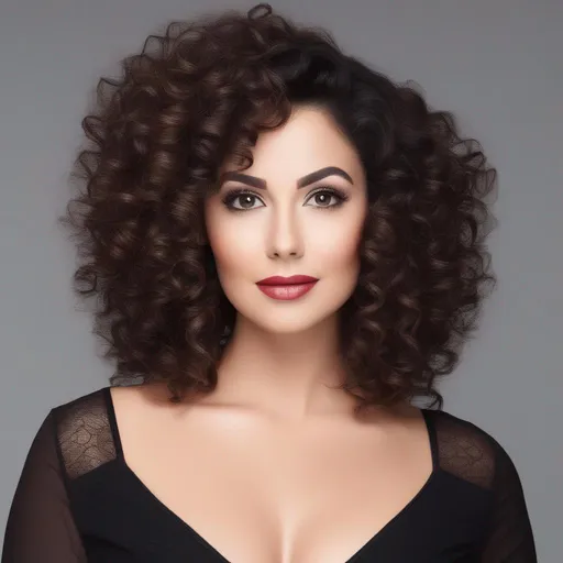 Prompt: An attractive 35 year old woman with very curly hair, elegant, large eyes, modern, stylish makeup, full body view, studio background