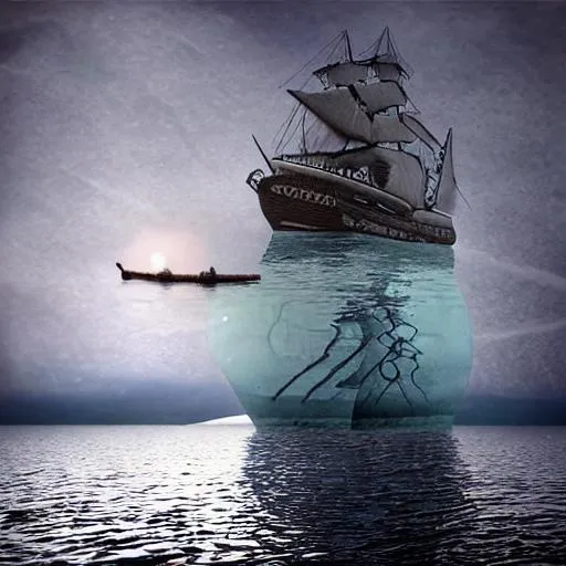 Prompt:  ghost ship floating over water hyper realistic image pixel perfect
