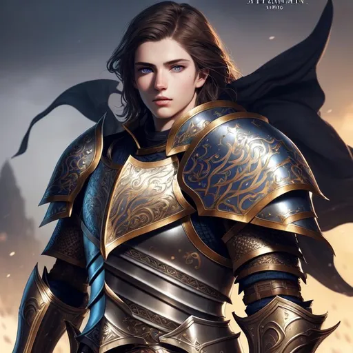 Prompt: young aasimar man with brown hair and dark blue eyes | wearing heavy armour | ultra-fine details, intricate scene, ambient lighting, symmetrical facial features, accurate anatomy, sharp focus, final fantasy cgi still, artgerm, taken on nikon d750, scenic, splash art, tumblr instagram