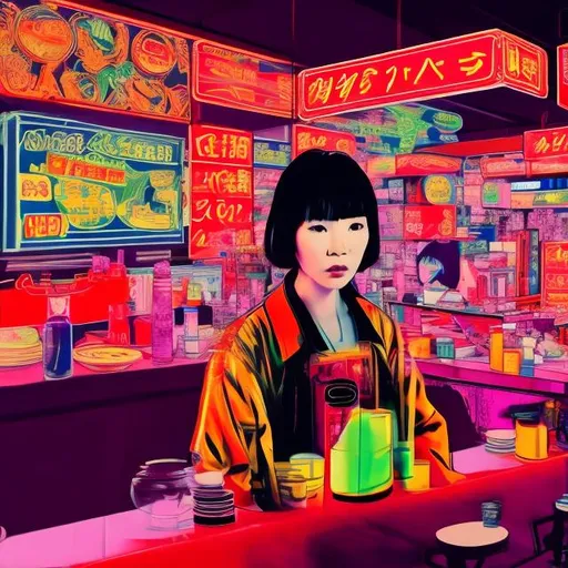 Prompt: long shot of an asian woman in a tokyo restaurant, realistic, futuristic, 4K, in the background the metaverse, neon, in the style of Andy warhol, vibrant pastels