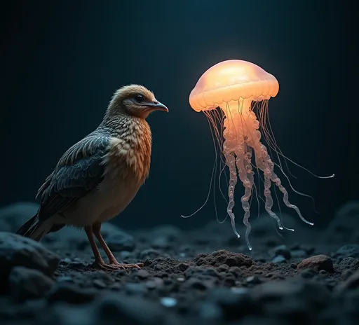 Prompt: A hyper-realistic scene showing a box jellyfish and a prairie chicken facing each other intensely, both fully visible in the frame. The prairie chicken stands proudly on dark rocky terrain while the translucent box jellyfish floats midair with glowing tentacles. Moody dark background, cinematic lighting, dramatic tension in the atmosphere, deep shadow contrast, ultra-detailed textures, realistic style.
