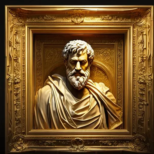 Prompt: Create a Big Museum, Framing sculpture of a Aristotle in gold, super realistic, objects are lit by spotlights, Vibrant, cinematic, HDR, UHD, 64K, Professional, Highly detailed, low angle, trending on art station, hyper-realistic, focused, extreme details, unreal engine 5, cinematic, masterpiece, Professional, Highly detailed.