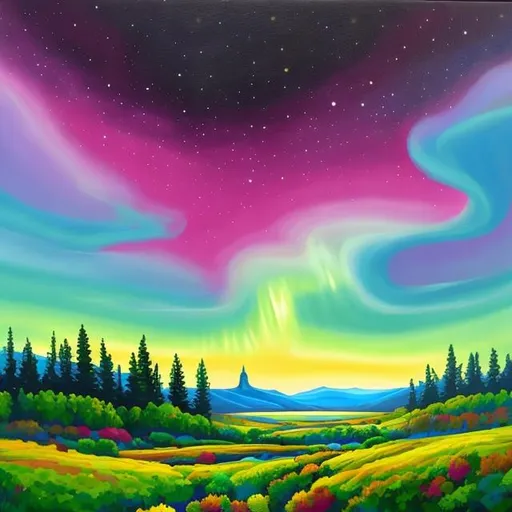 Prompt: landscape, nighttime, clouds, green and pink aurora in the night sky, acrylic on canvas, abtract, Bob Ross, highly detailed, brushstrokes, thick paint, tonemapping, pantone, green color palette. 