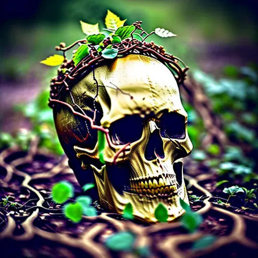 Prompt: Skull with gold crown laying on the ground with vines growing through it