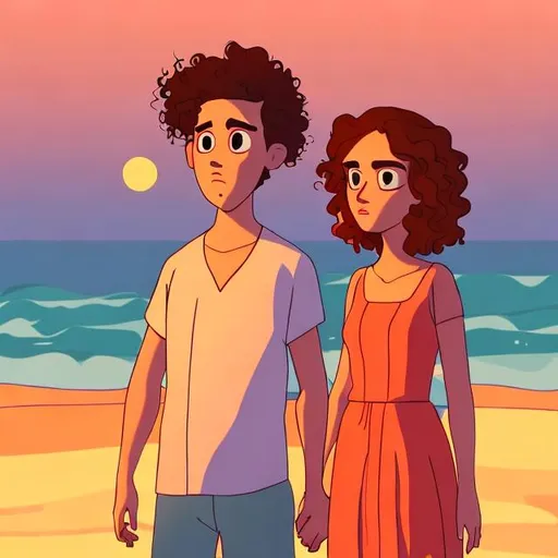 Prompt: couple watching sunset animated 
tall boy wavy hair, curly hair girl short


