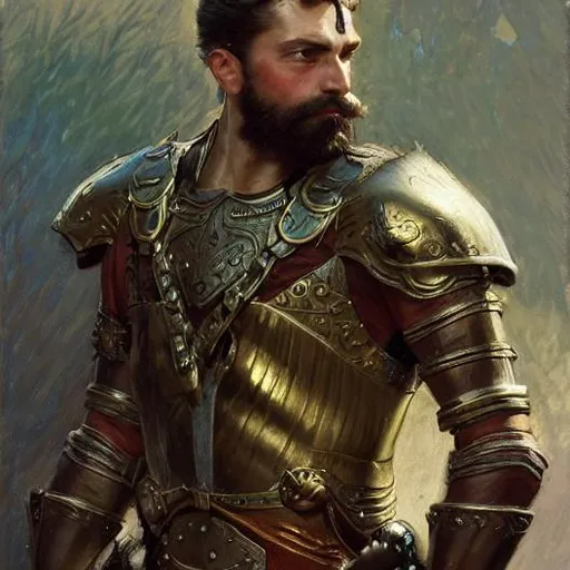 Prompt: detailed cinematic wide shot of a attractive masculine man stubble beard slim face symettrical face clean skin dark eyes and short dark brown hair, ultra realistic, spring light, painting by gaston bussiere, craig mullins, j. c. leyendecker. regal youth. bronzed chainmail armor.