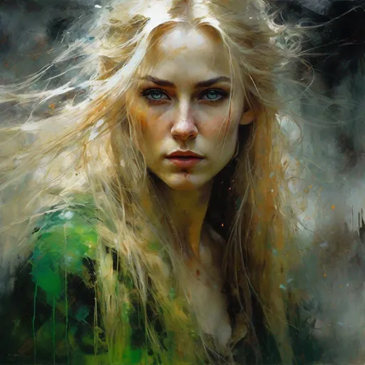 Prompt: beautiful nordic elven druid woman, blonde flowing hair, pale skin, green almond shaped eyes, bloodied face, fierce look, full body painting, elvish ears,

wounded, dirty, brown robes,

battlefield, destruction, dramatic lighting, danger,

dark cinematic painting, textured Speedpaint, masterpiece, rough brush strokes, paint splatter, Jeremy Mann, Carne Griffiths, Junji Ito, Robert Oxley, Ismail Inceoglu, oil on canvas, detailed eyes, intense gaze, professional, atmospheric lighting, dark tones, textured, highres, masterpiece, cinematic, oil painting, latex outfit, trending artwork, particles, dramatic lighting