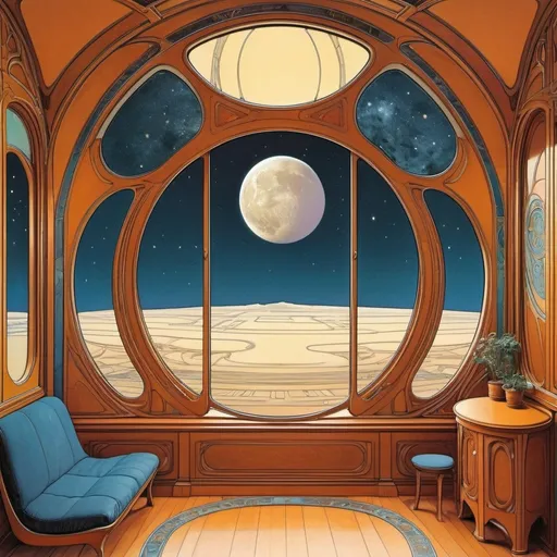 Prompt: Art Nouveau interior in the style of Moebius, Moon in the window, space opera