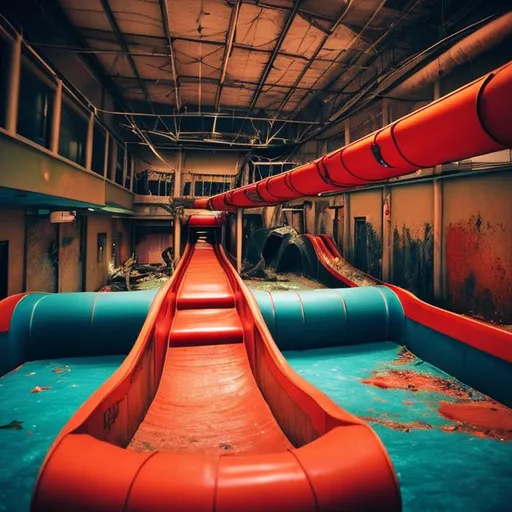 Prompt: Indoor water slides park empty dirty vomit dilapidated night dim lighting red dirty dry dark