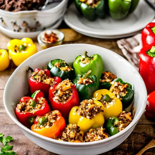 Prompt: Stuffed bell peppers filled with tender ground beef, flavorful rice, and melted cheese, baked to perfection, in a bowl of hot noodles,  juicy, flavorful, high detail, food photography