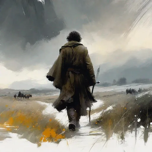 Prompt:  .scene form lord of the rings Frodo Beutlin walks through the field wiht gandalf the grey  masterpiece, textured Speedpaint with large rough brush strokes and paint splatter by Jeremy Mann, Carne Griffiths, Junji Ito, Robert Oxley, Ismail Inceoglu, masterpiece, trending on artstation, particles, oil on canvas, highly detailed fine art, ink painting, hyperrealism | Pixar gloss | polished, Anato Finnstark | Android Jones | Darek Zabrocki, Boris Vallejo, David