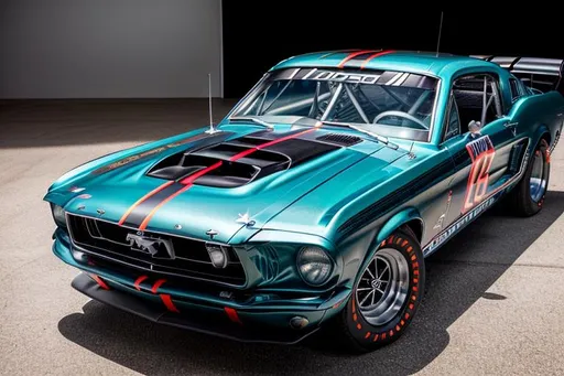 Prompt: Next Gen Nascar stock 1967 Ford Mustang car, sponsored by OpenArt