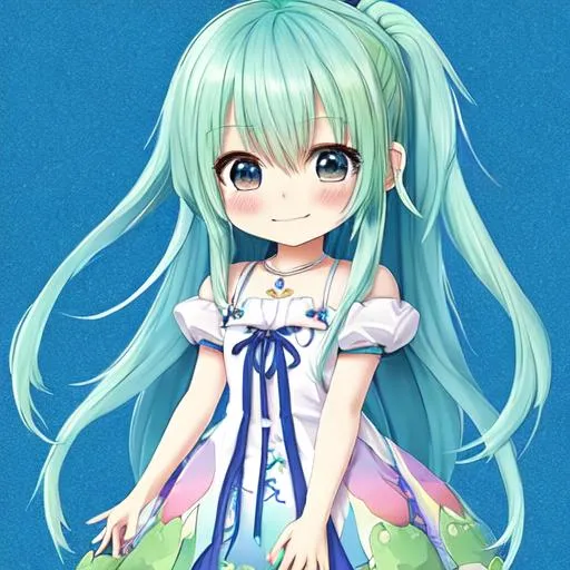Prompt: masterpiece, (Chibi), blue hair, long hair, green eye, detailed face, happy, highlight eyes, pastel color, anime style, dress