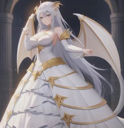 Prompt: White and gold, dragon knight, wings, large dragon tail, armor, woman, long dress, symmetrical