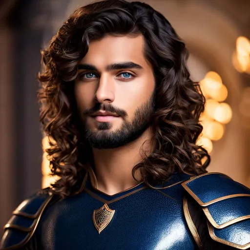Prompt: A UHD, 64K, long-shot portrait photo of a handsome 25 year old Romany man with short glossy wavy hair and a medium-length trimmed beard, very detailed blue eyes, wearing leather/wood armor