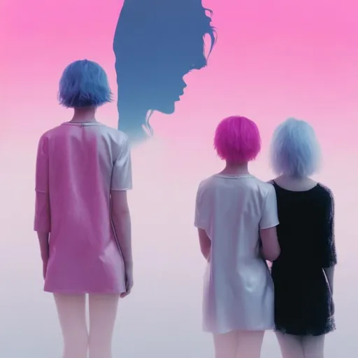 Prompt: Cover for a music album - 2 sapphic lovers pink silver hair - can’t see face -  guitar music - piano music - can’t see face - abstract - backs turned to the camera