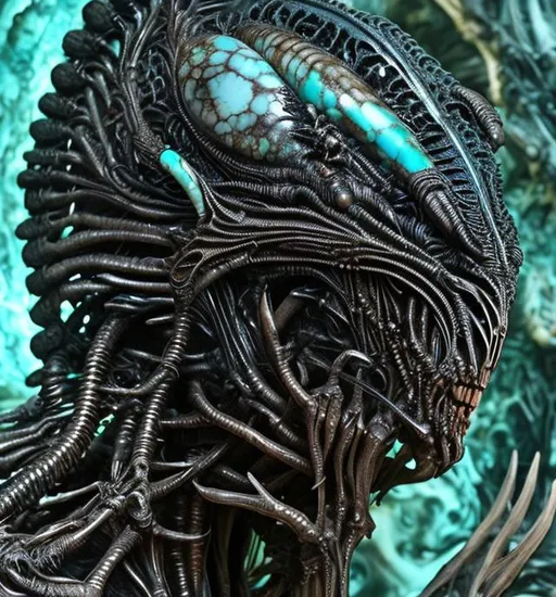 Prompt: Realistic ultra detailed pic of alien giger made of obsidian turquoise shell bone coral