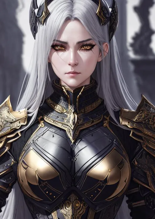 Prompt: portrait of armored female demon, gold and black arnor, grey hair, fantasy art, majestic, sharp armored, loneliness, depressing, hopelessness, suffering, detailed lips, mesmerizing, gorgeous, stunning, highly detailed concept art, high resolution scan, hd octane render, cinematic light, intricate detailed, highly detailed face, unreal engine, trending on artstation, UHD, 8k, Very detailed