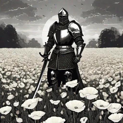 Prompt: Knight on a field of white poppies while standing with his broadsword in the air in pitch black armor 