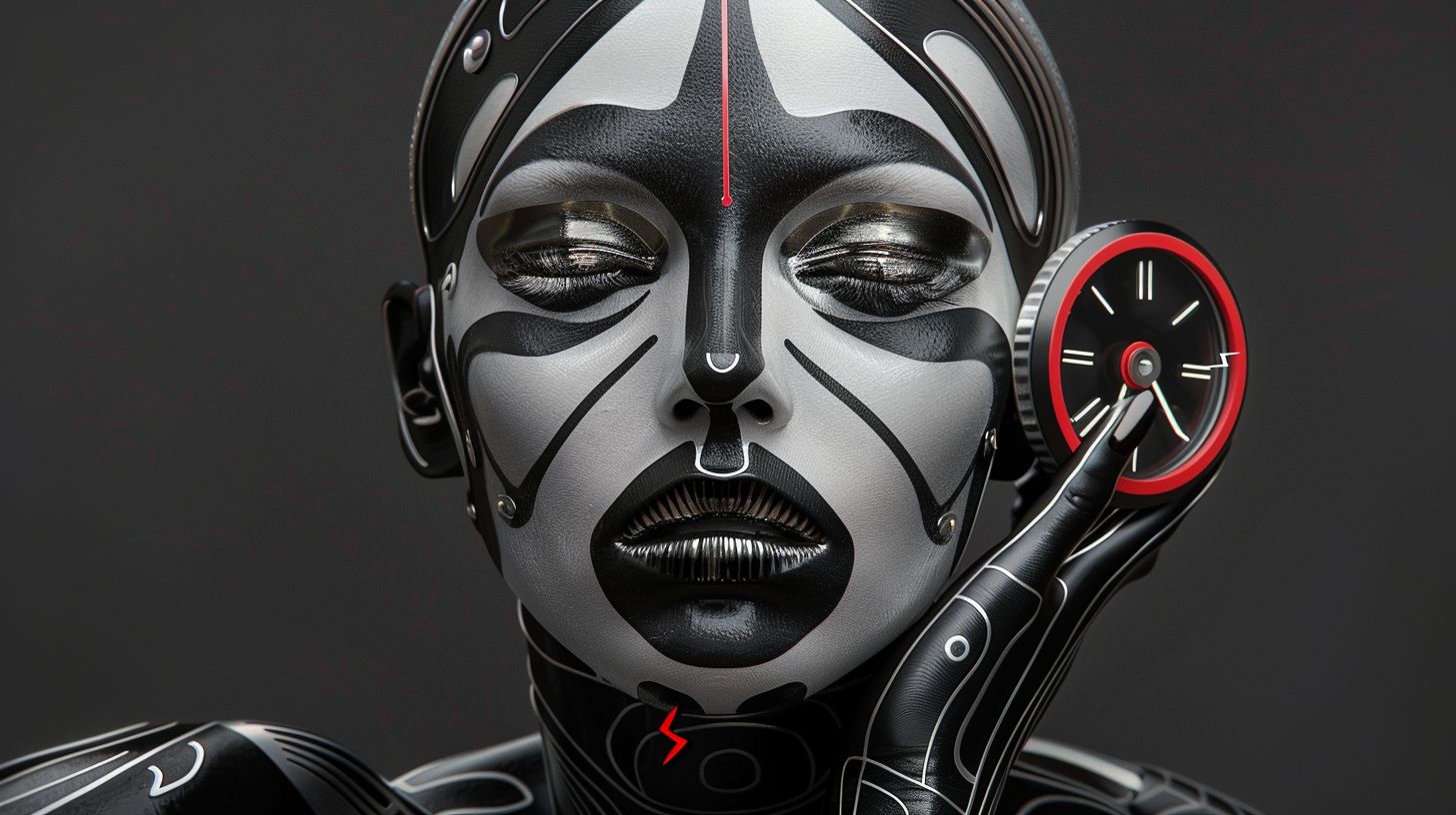 Prompt: london artist hsinalu scifi clock, in the style of fashion photography, dark silver and silver, canon eos 5d mark iv, body art, aggressive digital illustration, blink-and-you-miss-it detail, back button focus