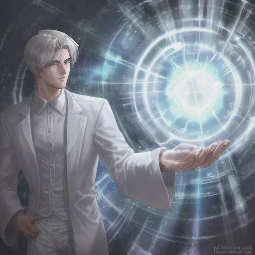 Prompt: A 25 year old handsome man reaches with his hand trough a portal to another world. He is dressed in white linen. 