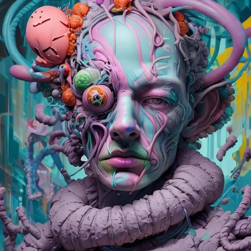 Prompt: "hyperdetailed portrait of Kaws as delirium of the endless, colourful make up, the sandman, made by caravaggio stanley artgerm lau wlop rossdraws artstation cgsociety concept art cgsociety octane render"