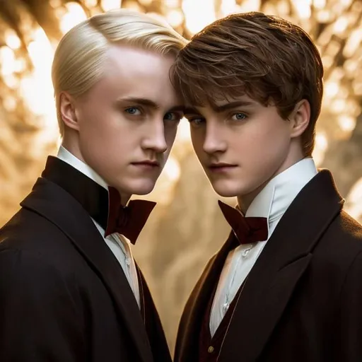 Prompt: Draco Malfoy ((blond hair)) and Harry Potter ((brown hair)) are in love. Closeup gay couple, wonderful romantic portrait, Love against war, perfect beautiful male face, dramatic light, epic and romantic scene, perfect composition, Epic fantasy couple in love portrait. boys kissing, lgbt, gay. Photorealistic, 8K, romantic magic light. perfect anatomy, romance, super detailed and full of pathos.