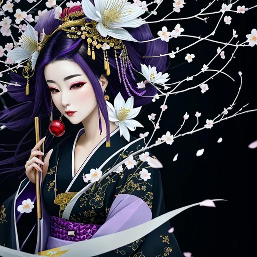 Prompt: High quality portrait of a Japanese Oiran. she is walking in a cherry blossom garden, She has lightly colored pale skin and is very beautiful. Her hair is black and is decorated with purple, silver, and gold hairpins. Her elaborate kimonos are white and purple with checkered patterns. She wears a blue spider lily on her left ear and wears a beautiful purple obi patterned with traditional Japanese mist colored white.