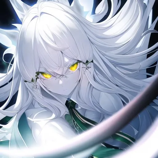 Prompt: ghost (long white hair, slightly pale skin, glowing green eyes), UHD, 8K, highly detailed, insane detail
