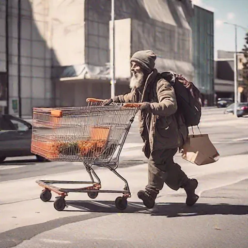 Prompt: homeless man flies around the city with shopping cart
