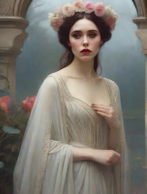 Prompt: <mymodel> A victorian woman is grieving in sorrow. mourning
[blend face: elizabeth olsen. 40]  ARTIST STYLE: William Waterhouse, Tom Bagshaw Gerald Brom, Raphael, 