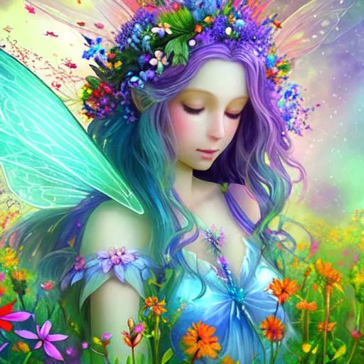 Prompt: fairy goddess of wildflowers ethereal,dreamscape, vivid colors, closeup