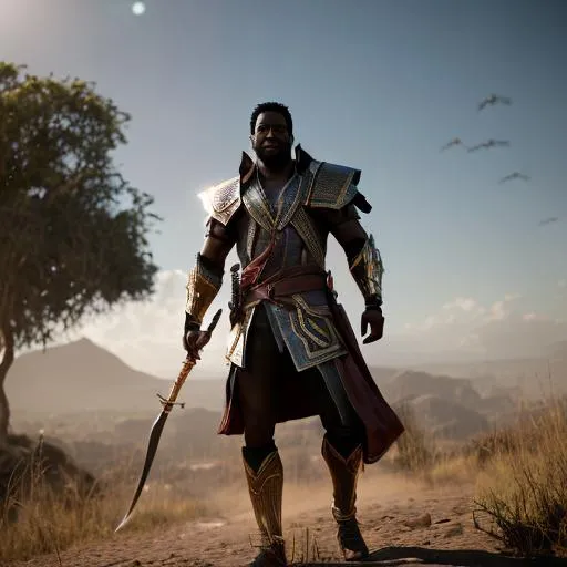 Prompt: african ronin, goatee, lightning, high detail, fatherly, runic armor designs, detailed face, concept art, character art, gold headband, Jonathan Majors, thunder storm, 4k, electric blade, warrior, torso, side lighting, sword fight, fighting pose