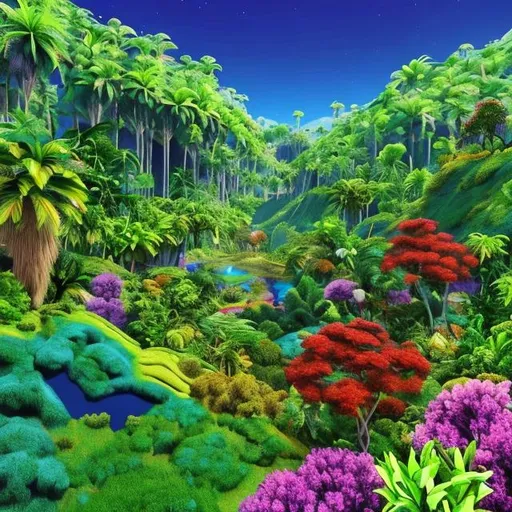 Prompt: The most beautiful scenery with lush greenery terrain and unique life and plants with exotic colours that the human species can't create
