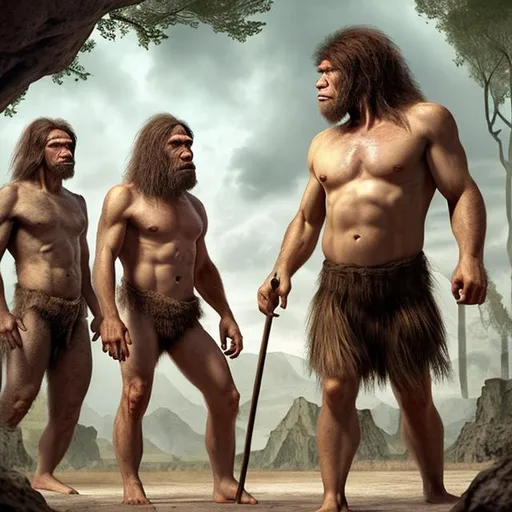 Prompt: Neanderthal men meets Homo sapiens