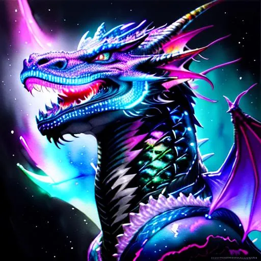 Watercolor Portrait Of A Roaring Neon Glowing Dragon